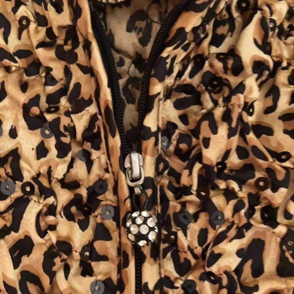 MSK Leopard Crimp Satin Sequin Zip Front Jacket M Beige Black